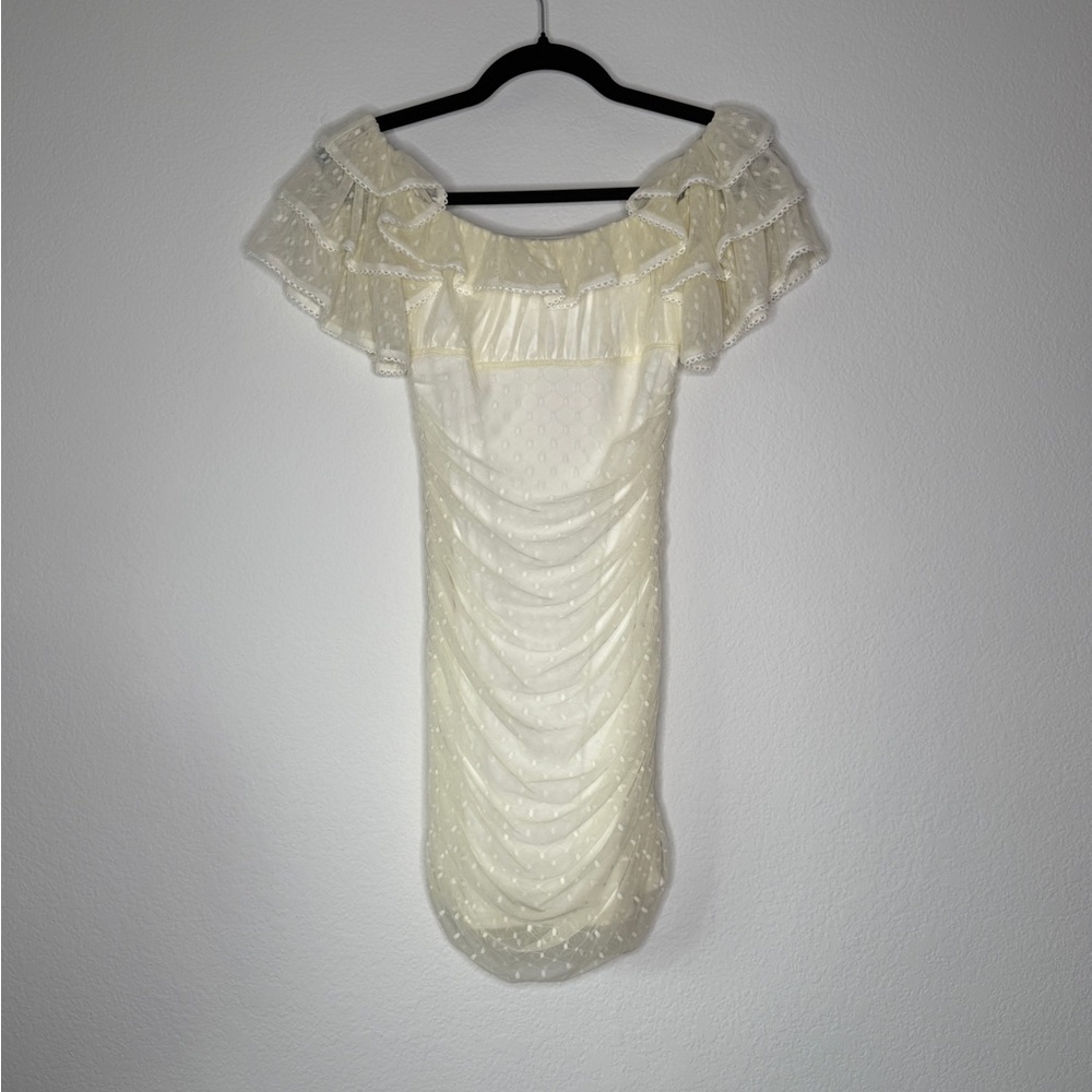 Camila Coelho Eva Off Shoulder Ruched Spotted Mini Dress Off White XS